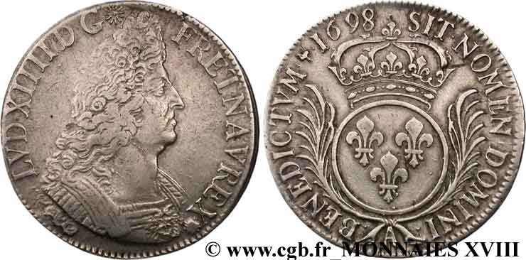 LOUIS XIV  THE SUN KING  Écu aux palmes 1698 Paris BB