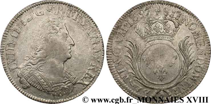 LOUIS XIV  THE SUN KING  Demi-écu aux palmes 1697 Paris XF