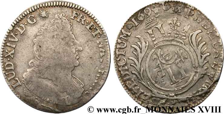 LOUIS XIV  THE SUN KING  Quart d écu aux palmes 1694 Dijon VF
