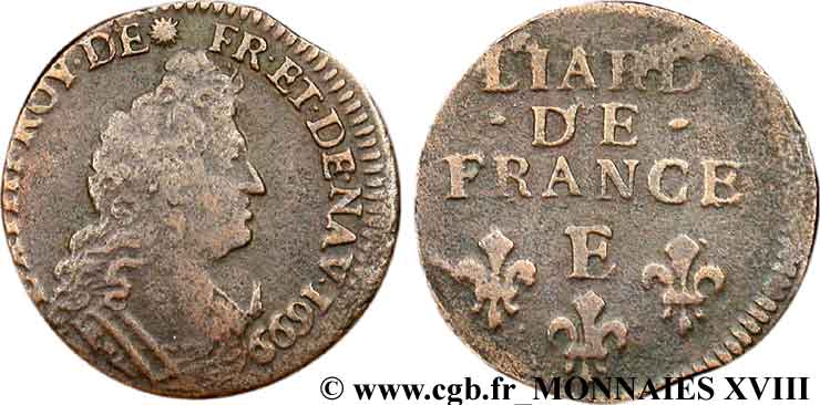 LOUIS XIV LE GRAND OU LE ROI SOLEIL Liard, 3e type, buste âgé 1699 Tours TB+/TB