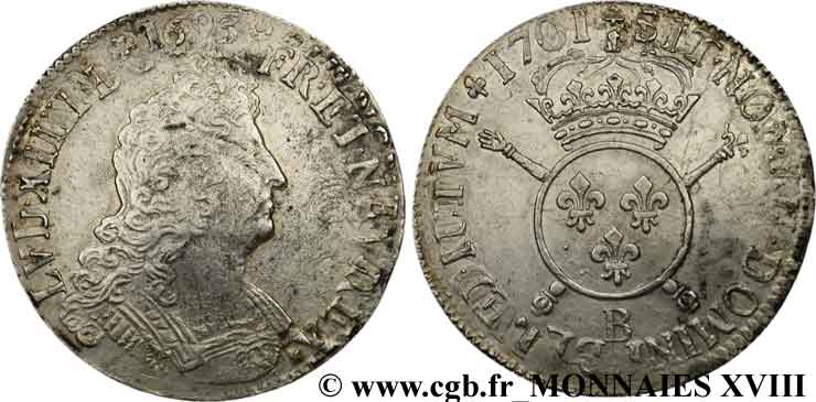 LOUIS XIV  THE SUN KING  Écu aux insignes 1701 Rouen MBC