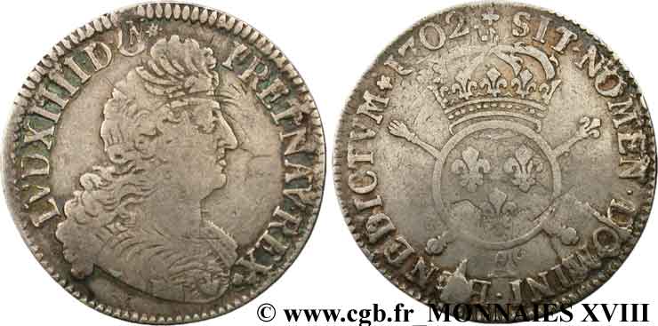 LOUIS XIV  THE SUN KING  Demi-écu aux insignes 1702 Paris MB