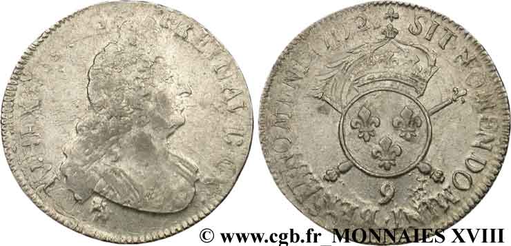 LOUIS XIV  THE SUN KING  Demi-écu aux insignes 1702 Rennes VF/XF