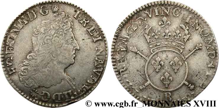 LOUIS XIV  THE SUN KING  Quart d écu aux insignes 170[1 à 3] Rouen VF/XF
