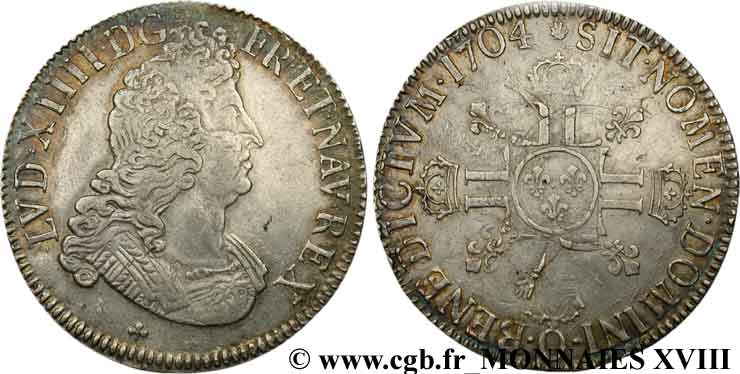 LOUIS XIV  THE SUN KING  Écu aux huit L, 2e type 1704 Riom BB