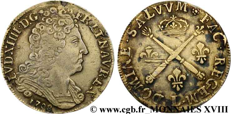 LOUIS XIV LE GRAND OU LE ROI SOLEIL Vingt sols aux insignes 1708 Bayonne TTB