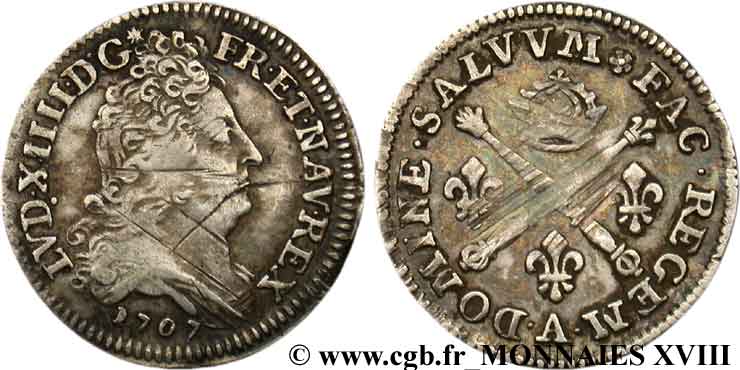 LOUIS XIV LE GRAND OU LE ROI SOLEIL Dix sols aux insignes 1707 Paris TTB