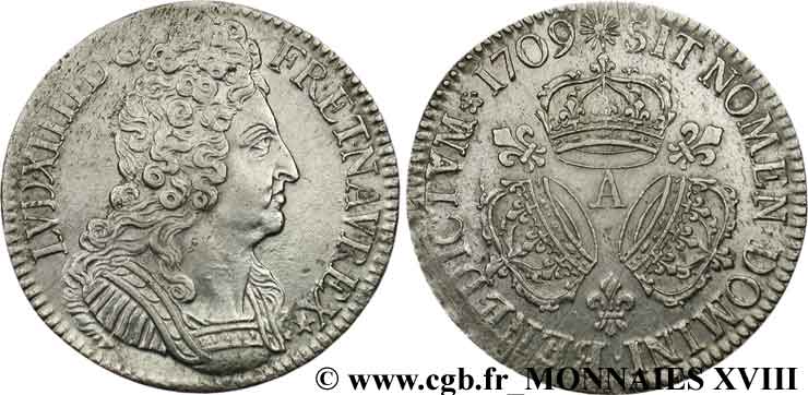 LOUIS XIV &nbsp;THE SUN KING&nbsp; Écu aux trois couronnes 1709 Paris q.SPL