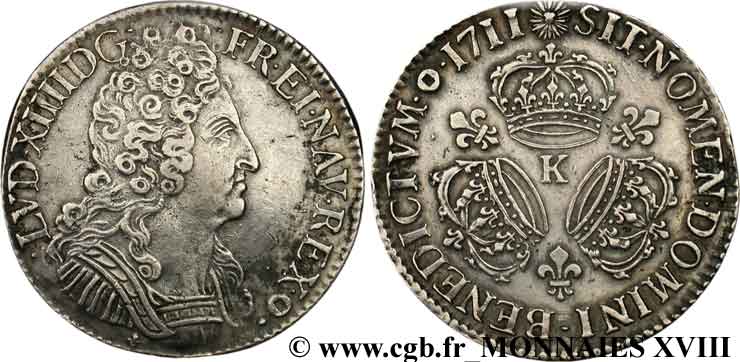 LOUIS XIV LE GRAND OU LE ROI SOLEIL Écu aux trois couronnes 1711 Bordeaux TTB/TTB+