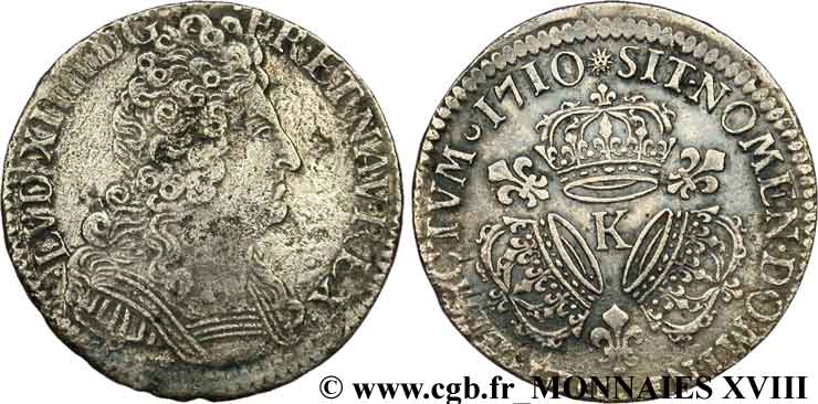 LOUIS XIV  THE SUN KING  Demi-écu aux trois couronnes 1710 Bordeaux VF/VF