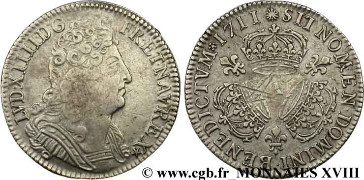 LOUIS XIV LE GRAND OU LE ROI SOLEIL Quart d écu aux trois couronnes 1711 Paris TTB