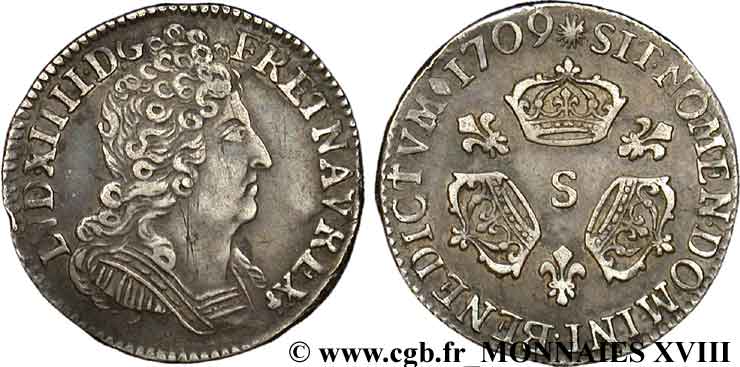 LOUIS XIV  THE SUN KING  Dixième d écu aux trois couronnes 1709 Reims q.SPL/BB
