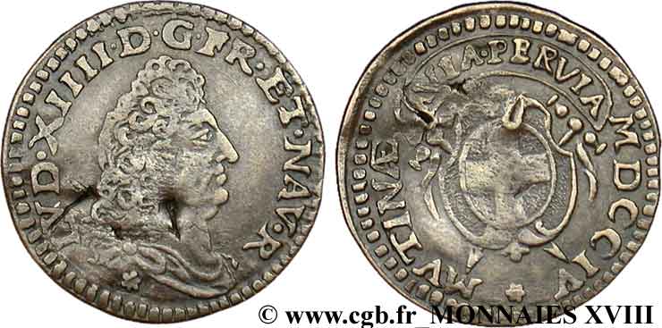 ITALY - MODENA - LOUIS XIV  THE SUN KING  Pièce de deux bolognins ou dixième de livre de Modène 1704 (MDCCIV) Modène MBC