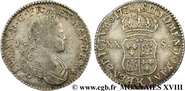 LOUIS XV  THE WELL-BELOVED  XX sols de Navarre 1720 Bordeaux SS