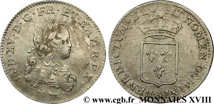 LOUIS XV  THE WELL-BELOVED  Tiers d écu de France 1720 Paris XF