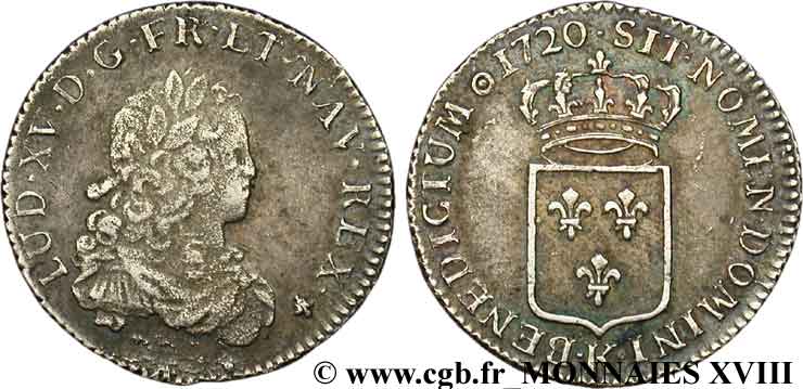 LOUIS XV  THE WELL-BELOVED  Tiers d écu de France 1720 Bordeaux XF/AU