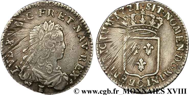 LOUIS XV  THE WELL-BELOVED  Tiers d écu de France 1721 Rennes BB
