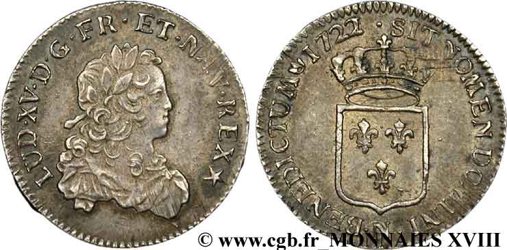 LOUIS XV  THE WELL-BELOVED  Tiers d écu de France 1722 Montpellier SPL