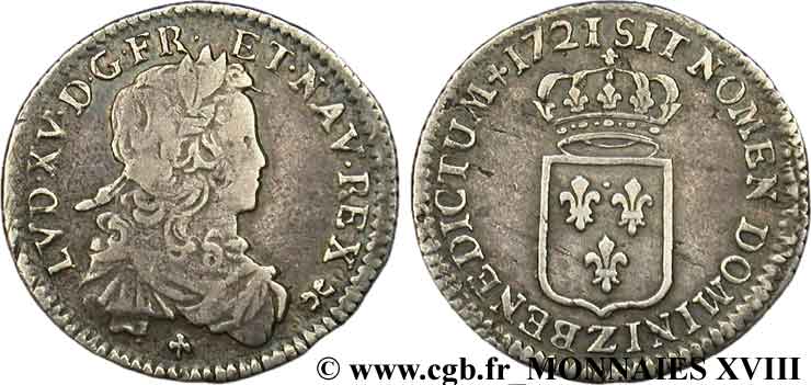 LOUIS XV  THE WELL-BELOVED  Sixième d écu de France 1721 Grenoble VF/XF