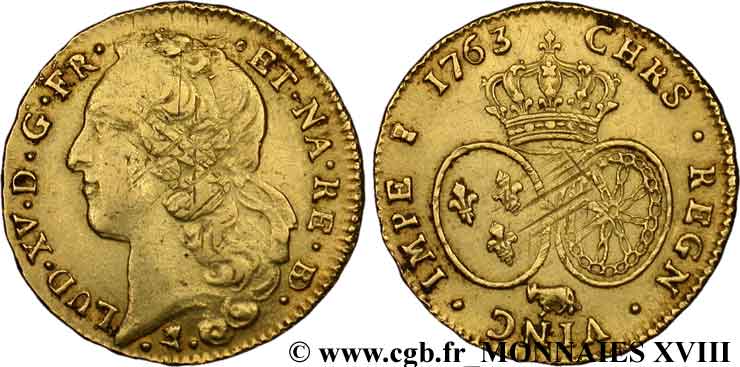 LOUIS XV THE BELOVED Double louis d’or aux écus ovales, tête ceinte d’un bandeau 1763 Pau XF