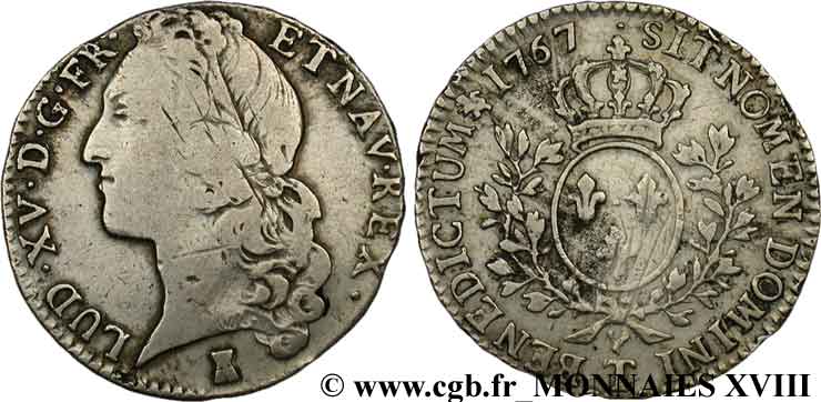 LOUIS XV  THE WELL-BELOVED  Demi-écu aux branches d’olivier, tête ceinte d’un bandeau 1767 Nantes fSS/SS