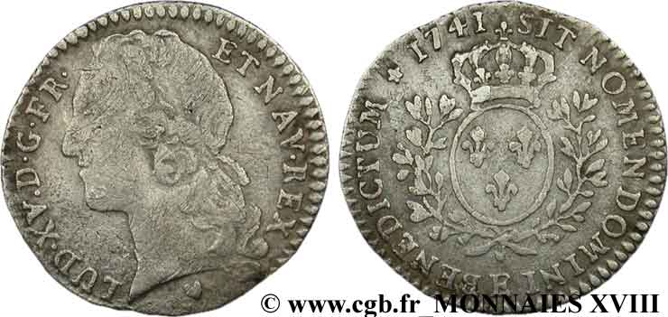 LOUIS XV  THE WELL-BELOVED  Dixième d écu aux branches d’olivier, tête ceinte d’un bandeau 1741 Tours VF