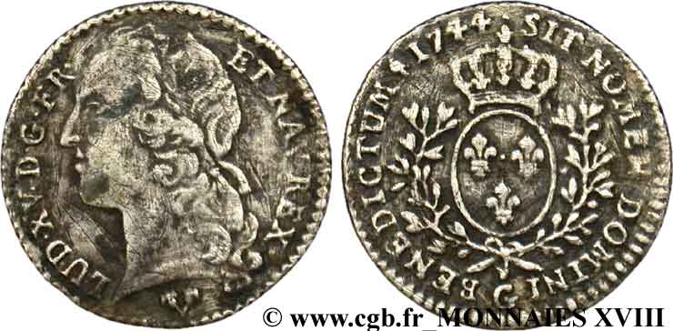 LOUIS XV THE BELOVED Dixième d écu aux branches d’olivier, tête ceinte d’un bandeau 1744 Poitiers VF