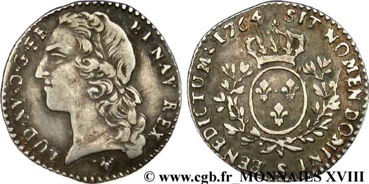 LOUIS XV DIT LE BIEN AIMÉ Dixième d&nbsp;écu aux branches d’olivier, tête ceinte d’un bandeau 1764 Reims TTB