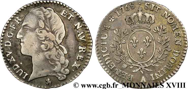 LOUIS XV DIT LE BIEN AIMÉ Dixième d&nbsp;écu aux branches d’olivier, tête ceinte d’un bandeau 1768 Paris TTB