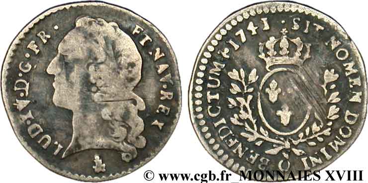 LOUIS XV  THE WELL-BELOVED  Vingtième d écu aux branches d’olivier, tête ceinte d’un bandeau 1741 Riom VF