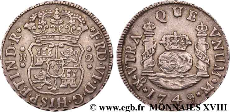 ESPAGNE - ROYAUME D ESPAGNE - FERDINAND VI Double réal ou plata-real de a 2 1749 Mexico TTB+