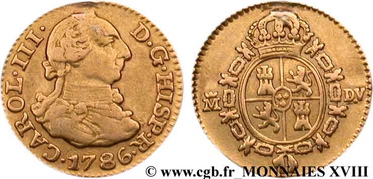 ESPAGNE - ROYAUME D ESPAGNE - CHARLES III Demi-escudo en or, 3e type 1786 Madrid BC+/MBC