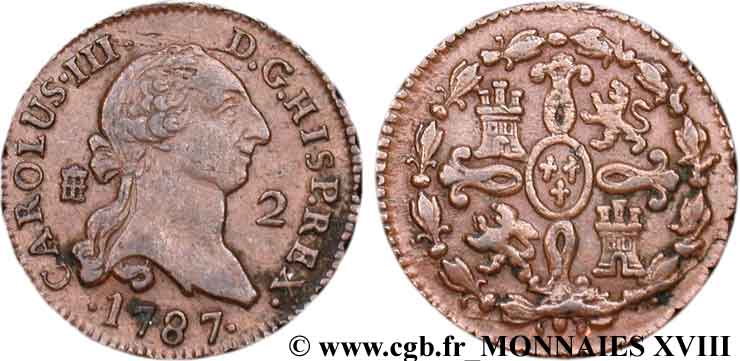 SPAIN - KINGDOM OF SPAIN - CHARLES III Double maravédis ou 2 maravedis 1787 Ségovie AU