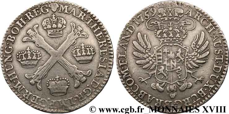 AUSTRIAN LOW COUNTRIES - DUCHY OF BRABANT - MARIE-THERESE Demi-kronenthaler ou demi-couronne d argent 1759 Bruxelles, tête d ange BC+/MBC