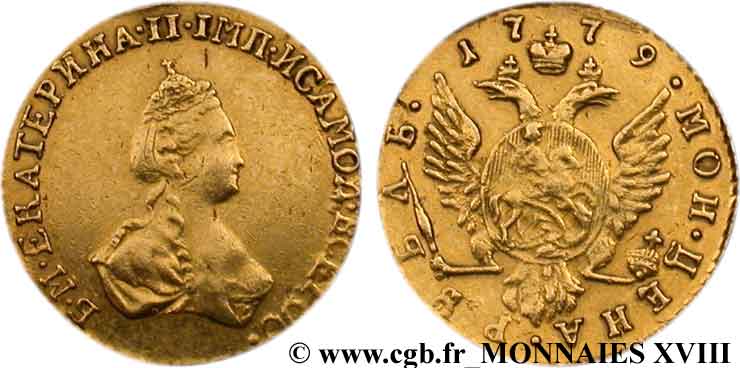RUSSIE - CATHERINE II Rouble en or, sans marque 1779 Saint-Pétersbourg TTB/TTB+