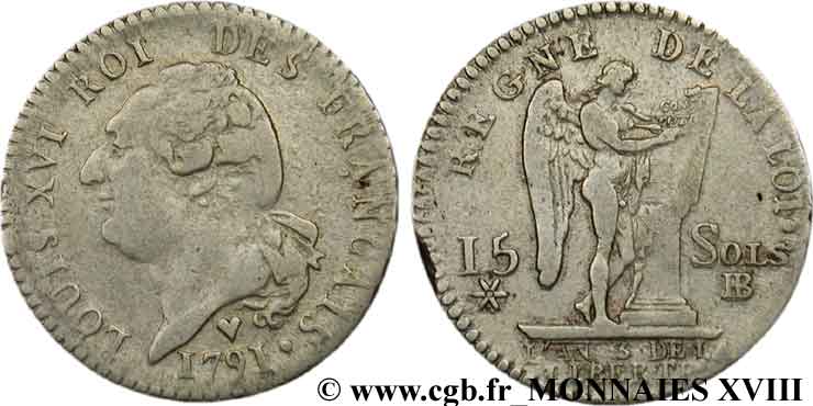 LOUIS XVI (MONARQUE CONSTITUTIONNEL)  15 sols dit  au génie , type FRANÇAIS 1791 Strasbourg TB+/TTB