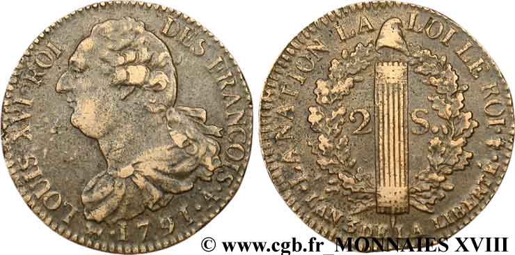 LOUIS XVI 2 sols dit  au faisceau , type FRANÇOIS 1791 Paris fVZ