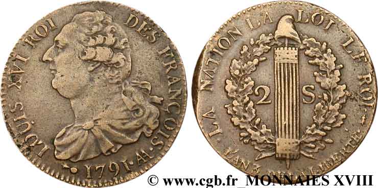 LOUIS XVI 2 sols dit  au faisceau , type FRANÇOIS 1791 Metz AU