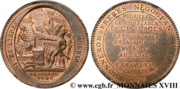 REVOLUTION COINAGE / CONFIANCE (MONNAIES DE…) Monneron de 5 sols au serment (An IV) 1792 Birmingham, Soho AU