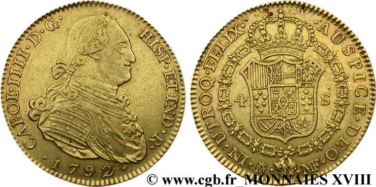 ESPAGNE - ROYAUME D ESPAGNE - CHARLES IV 4 escudos en or 1792 Madrid TTB