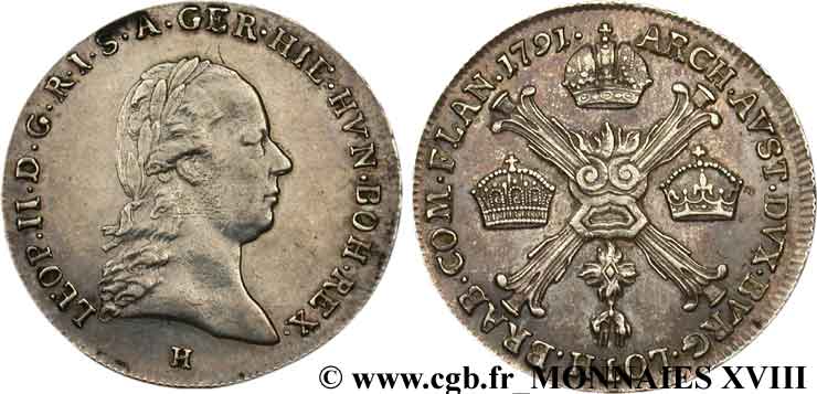 PAYS-BAS AUTRICHIENS - LÉOPOLD II Quart de kronenthaler (quart de thaler à la couronne) 1791 Günzburg XF