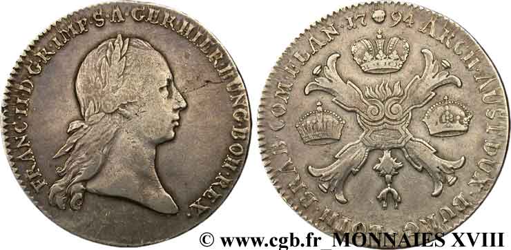PAYS-BAS AUTRICHIENS - FRANÇOIS II D AUTRICHE Kronenthaler (thaler à la couronne) 1794 Bruxelles SS