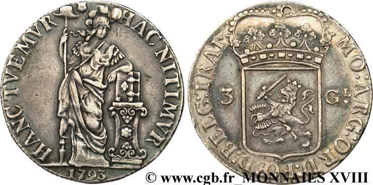 NETHERLANDS - BATAVIAN REPUBLIC 3 gulden ou triple florin néerlandais 1793 Utrecht XF