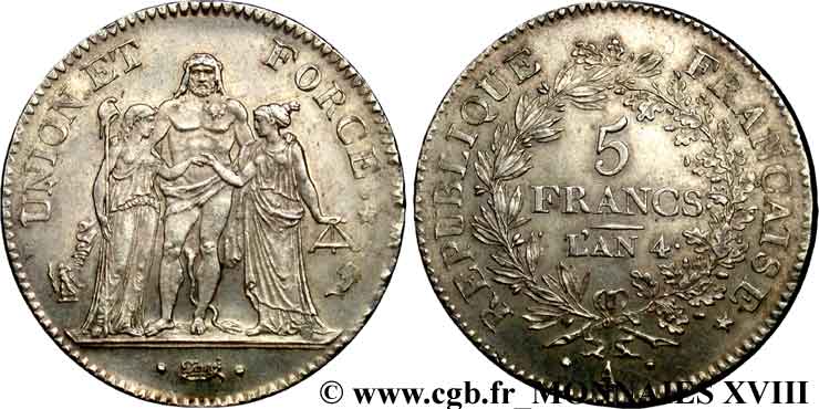 5 francs Union et Force, Union serré, avec glands intérieurs et gland extérieur 1796 Paris F.288/1 fST 