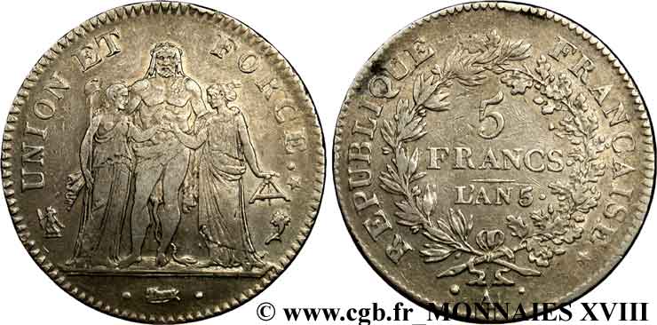 5 francs Union et Force, Union serré, avec glands intérieurs et gland extérieur 1797 Paris F.288/4 MBC 