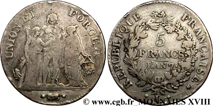 5 francs Union et Force, Union serré, seulement gland extérieur, petite feuille 1799 Bayonne F.288/117 BC 