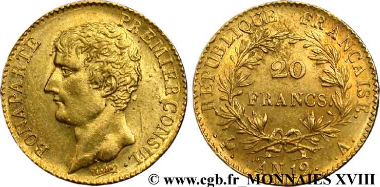 20 francs or Bonaparte Premier consul 1804 Paris F.510/2 EBC 