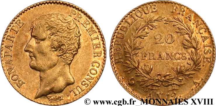 20 francs or Bonaparte Premier consul 1804 Paris F.510/2 EBC 