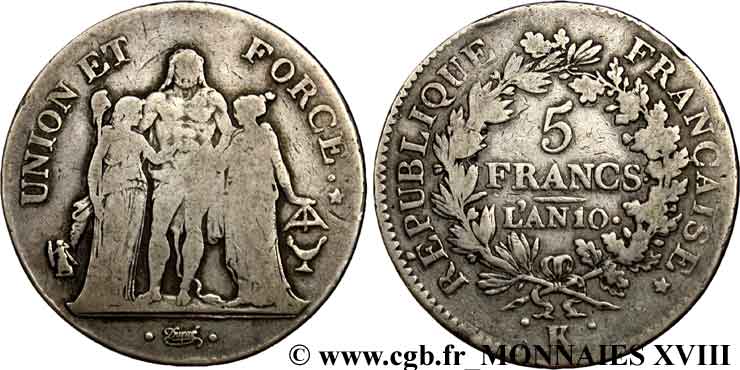 5 francs Union et Force, Union serré, seulement glands intérieurs 1802 Bordeaux F.288/173 S 