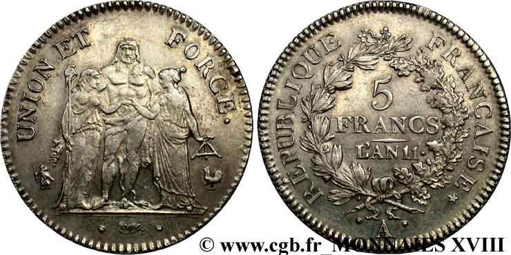 5 francs Union et Force, Union serré, seulement glands intérieurs 1803 Paris F.288/189 AU 